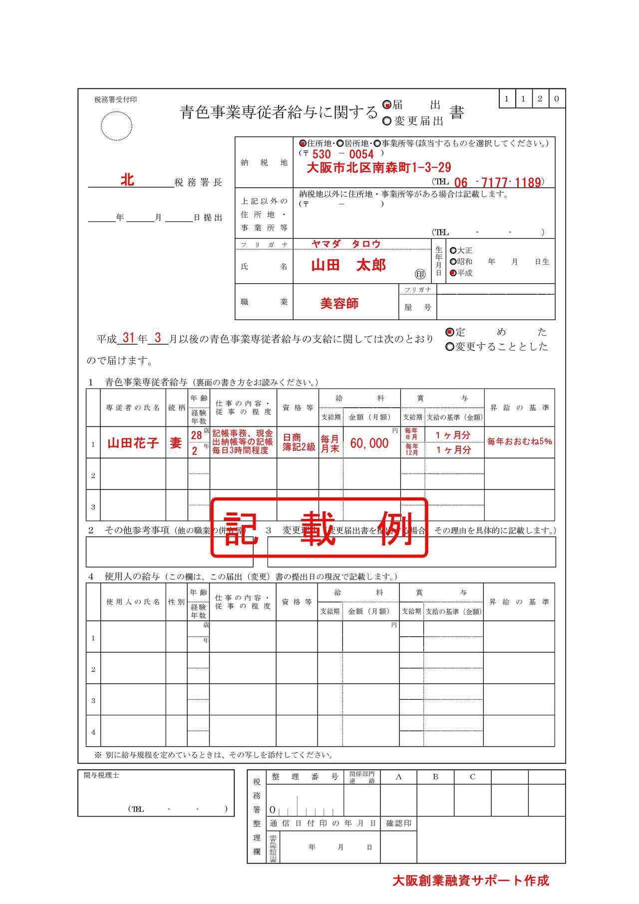 個人事業の開業届出書の記載例